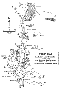 Plan of Pagat Cave – a coastal cave showing typical flank margin features, including large chambers that abruptly end, phreatic dissolution surfaces, and a north-south orientation, paralleling the nearby coastline. Map by John E. Mylroie (Mylroie et al., 2001).
