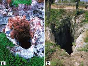 Vadose shafts: a) A small, 1-m deep pit containing paleosol; b) Amantes Pit Cave, a large, 45-m deep, 6-m wide shaft. 