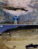 Voids exposed in quarry walls: a) An isolated lenticular void, Perez Brothers Quarry, Dededo; 