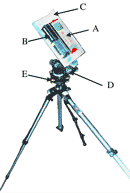 Fig. 19. Section-measuring instrument: A = Laser rangefinder; B = Digital clinometer; C = Mounting bracket; D = Geared tripod head; E = Levelling Plate.